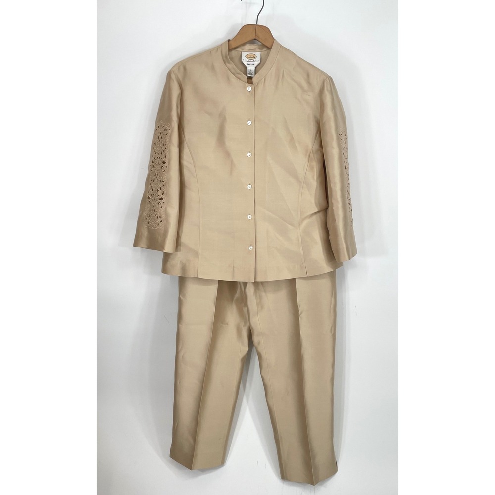 Good Talbots Women Suit 14/16 Pant Set Gold Pure Silk Eyelet Embroidered Petite